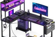L Shaped Gaming Desk with LED Lights Power Outlet 110 x 80 cm Reversible Computer Shelves Corner Desks Storage Bag Hook for Home Office Black