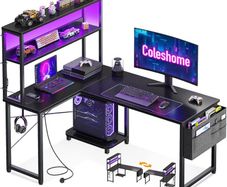 L Shaped Gaming Desk with LED Lights Power Outlet 110 x 80 cm Reversible Computer Shelves Corner Desks Storage Bag Hook for Home Office Black