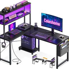 L Shaped Gaming Desk with LED Lights Power Outlet 110 x 80 cm Reversible Computer Shelves Corner Desks Storage Bag Hook for Home Office Black