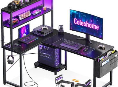 L Shaped Gaming Desk with LED Lights Power Outlet 110 x 80 cm Reversible Computer Shelves Corner Desks Storage Bag Hook for Home Office Black