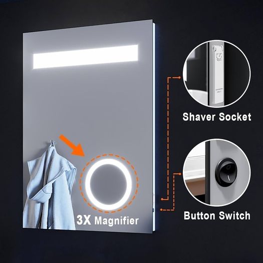 NEW SALE | Illuminated LED Bathroom Mirror with Lights and Shaver Socket Magnifying Mirror 500 x 700 mm Button Switch