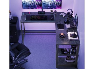 L-Shaped Desk with 2 Shelves Black with Wood Grain