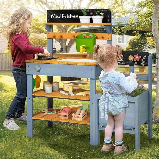 Mud Kitchen for Kids,Outdoor Play Kitchen with Planter Box Removable Mud Kitchen Accessories Include Sink Sand Shovels Gardening Tools Set Outdoor Mud Kitchen for Kids Boys Girls 3-8 Years Old