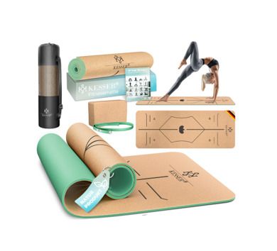 KESSER Yoga Mat Cork Incl. Carrying Strap Bag & Yoga Block Gymnastics Mat Yoga Mat Non-Slip Made of Natural Rubber TPE Fitness Mat, 183 x 62