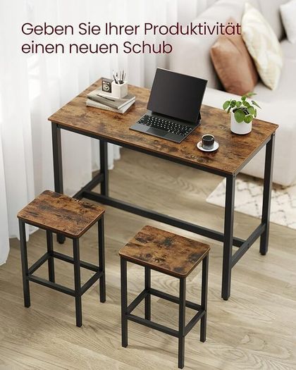 Bar table set, bar table with 2 bar stools, kitchen counter with bar stools, kitchen table and kitchen chairs in industrial design, for kitchen, 120 x 60 x 90 cm, Grey-black