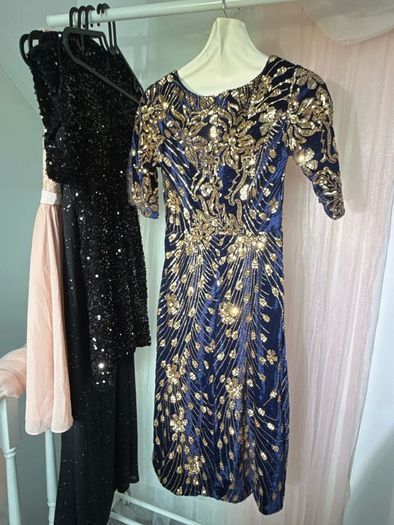 Navy Blue Velvet Gold Sequin Embroidered Evening Gown