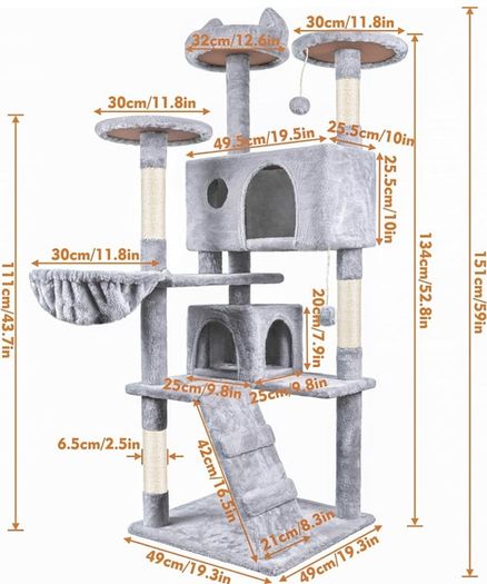 Cat Tree, 151cm Cat Scratching Post Stable Cat Tower for Large Cat, Activity Centre Cat Climbing Tree with 2 Cat House, Hammock, 4 Sisal Posts, Ladder, and Rest Place for Indoor Cat (FREE POSTAGE)