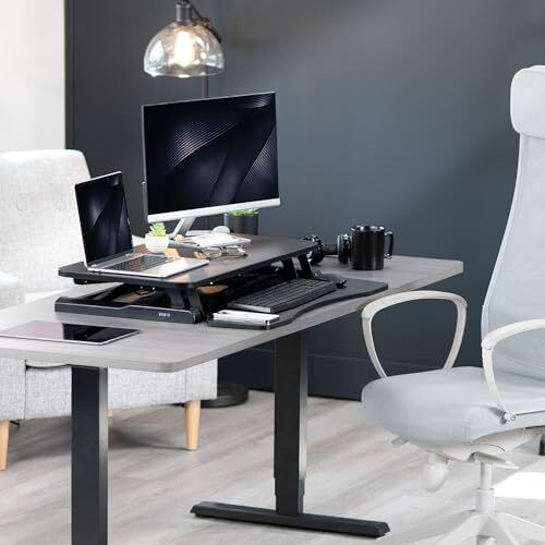 Standing 81 cm Desk Converter, Height Adjustable Riser, Sit to Stand Dual Monitor and Laptop Workstation with Wide Keyboard Tray, Black
