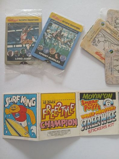 Scrace lot of 1980s retro cereal freebies . Kelloggs Rice crispies , sugar puffs stickers games and cards .
