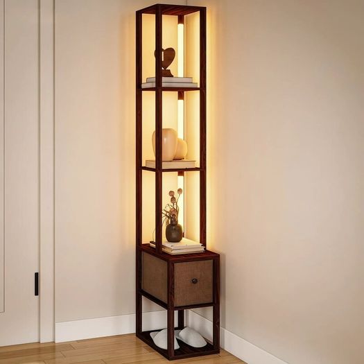 Floor Lamp with Shelves, LED Column Modern Standing Lamp with Fabric Drawer