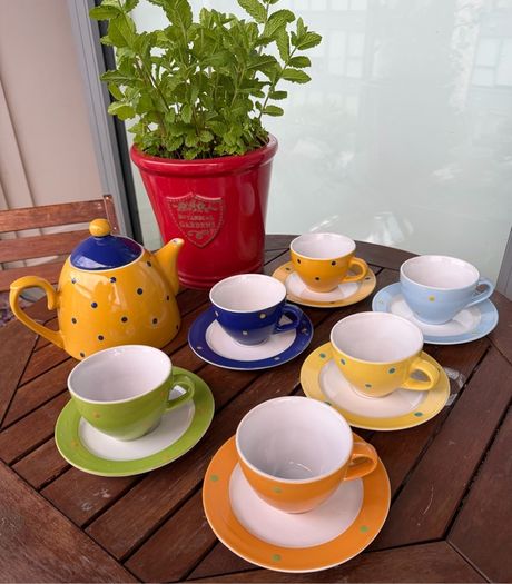 Vintage Mini Polka Dot Tea Set, Yellow, Green, Blue, Orange, Tea Cups, Saucers