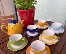 Vintage Mini Polka Dot Tea Set, Yellow, Green, Blue, Orange, Tea Cups, Saucers