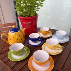 Vintage Mini Polka Dot Tea Set, Yellow, Green, Blue, Orange, Tea Cups, Saucers