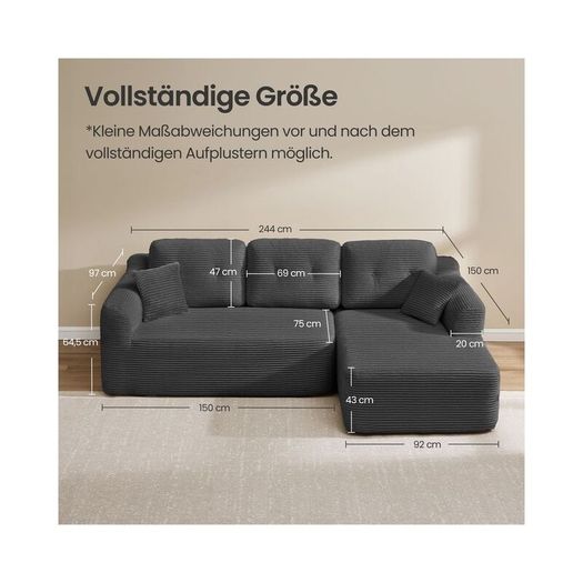 Modular Corner Sofa with Chaise Longue Slate Grey Corduroy No Assembly Required
