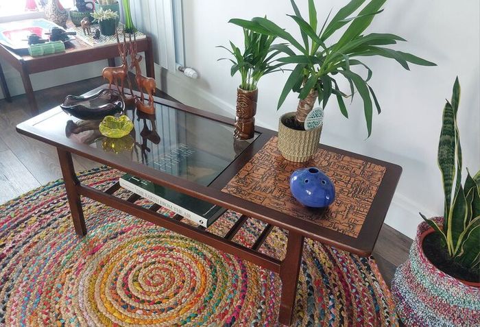 Stunning and Unique/Rare Mid Century Modern Wooden Coffee Table with Smoked Glass and Acid-Etched Copper Inlay and Slatted Magazine Shelf