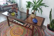 Stunning and Unique/Rare Mid Century Modern Wooden Coffee Table with Smoked Glass and Acid-Etched Copper Inlay and Slatted Magazine Shelf