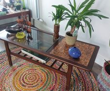 Stunning and Unique/Rare Mid Century Modern Wooden Coffee Table with Smoked Glass and Acid-Etched Copper Inlay and Slatted Magazine Shelf