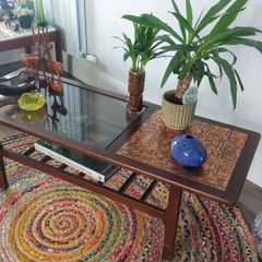 Stunning and Unique/Rare Mid Century Modern Wooden Coffee Table with Smoked Glass and Acid-Etched Copper Inlay and Slatted Magazine Shelf