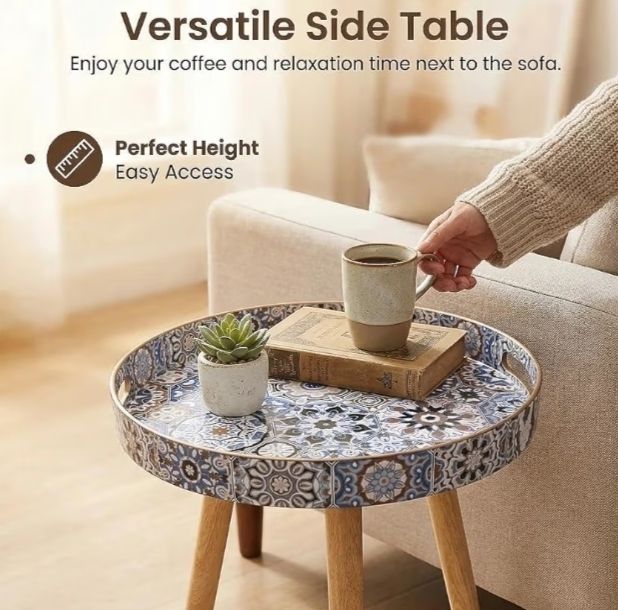 Stone Marble Round Indoor Side Tables with Detachable Wooden 3 Legs, Versatile Tray Table, Perfect For Round Coffee Table Tea, and Relaxation Time 15 Inch Bohemian