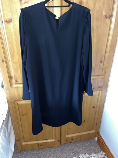 Dress M&S, black, long sleeves, very dressy, round neck with pleated detail at top.