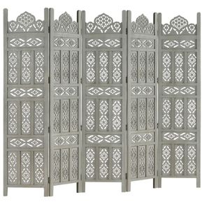 Hand carved 5 Panel Room Divider Grey 200x165 cm Solid Mango Wood