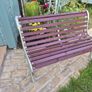 Garden bench, cast iron, beautiful design, restored seat, outdoor garden seating, treated timber decorations, furniture patio decking, great present. Ignore flowers, pots, plants, garden statue, chair, swing, patio table, balcony. Image 3