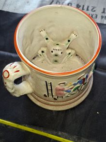 Beautiful Old Ceramic Frog Mug with embossed Tavern Scene and a Large Frog Inside, postage available or collection