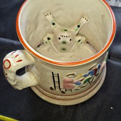 Beautiful Old Ceramic Frog Mug with embossed Tavern Scene and a Large Frog Inside, postage available or collection