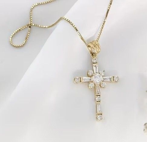 Cross Crucifix Crystal Gold Tone Pendant Necklace