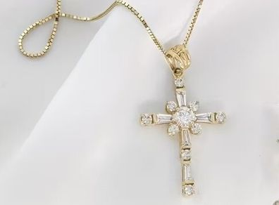 Cross Crucifix Crystal Gold Tone Pendant Necklace