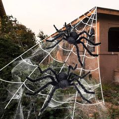 2pcs Black Giant Spider, Triangular Cobweb 5m 4.8m, Plastic Spiders 30pcs, Spider Web 40g for Halloween Decorations Indoor Outdoor Home Yard