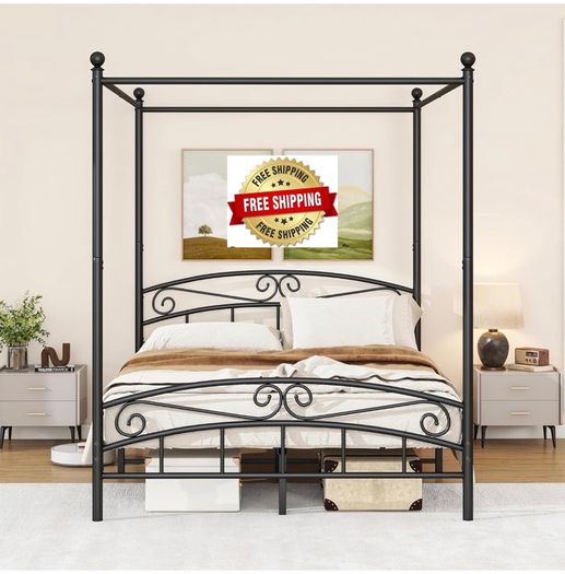 Canopy Bed Frame King Size with Ornate European Style Headboard & Footboard