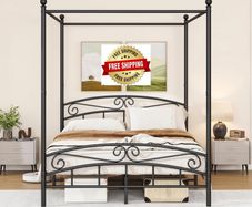 Canopy Bed Frame King Size with Ornate European Style Headboard & Footboard