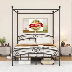 Canopy Bed Frame King Size with Ornate European Style Headboard & Footboard