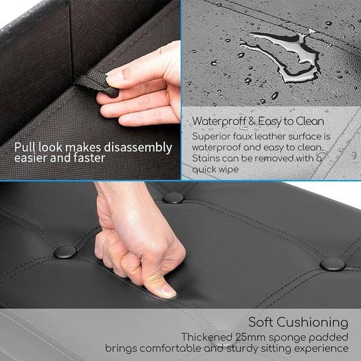 NEW SALE | Folding Ottoman Bench Storage Box with Lid, Large Storage Seat Faux Leather Footstool Toy Storage Box, Black, 76 x 38 x 38 cm