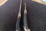 Fabulous Antique Carving Fork &amp; Knife Sharpener Sterling Silver Antler Handles