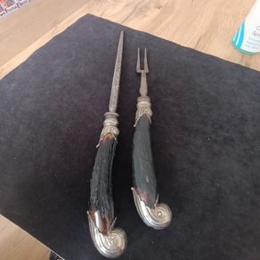 Fabulous Antique Carving Fork & Knife Sharpener Sterling Silver Antler Handles