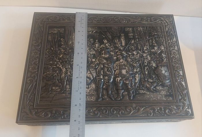 Fabulous Rembrandt's The Night Watch Vintage Hinged Biscuit Tin with a Raised Relief Reproduction of the Famous Painting, Attributed to the Victoria Biscuit Company of Holland