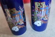 Vintage SET of 2 Small KUTANI Cobalt Blue Ceramic Vases with Ornate and Colorful Painted Floral Bouquet &amp; Peonies Scene .