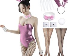 12 Pieces  Bunny Girl Outfit  Bunny Body with Bunny Ears and Fishnet Socks