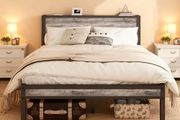 Double Bed Frames with Storage Wooden Headboard, Metal 4ft Bed Frame Double Bed Base/Mattress Foundation, Enhanced Support Noise Free, Black+Grey Oak1