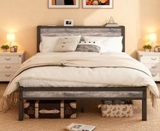 Double Bed Frames with Storage Wooden Headboard, Metal 4ft Bed Frame Double Bed Base/Mattress Foundation, Enhanced Support Noise Free, Black+Grey Oak1