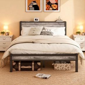 Double Bed Frames with Storage Wooden Headboard, Metal 4ft Bed Frame Double Bed Base/Mattress Foundation, Enhanced Support Noise Free, Black+Grey Oak1