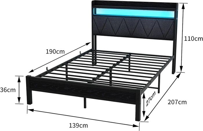 4ft6 Double Size Bed Frame with LED Lights Storage Upholstered Headboard and Charging Station, Solid Metal Platform Bed Double Size, No Box Spring Needed, Noise Free