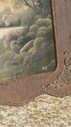 Antique framed signed quaint waterfall scene, D18