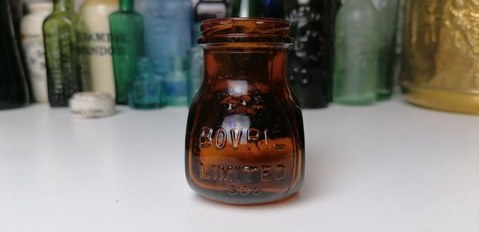 59 - Beautiful Vintage 4oz Bovril Dark Brown Glass Embossed Letters Jar