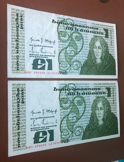 Two irish one pound punt notes