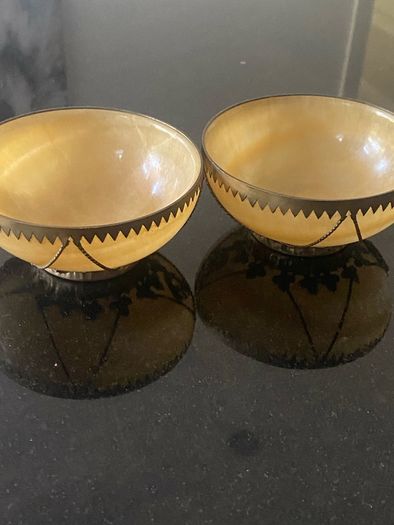 Pair of  beautiful Minnie Peters polished stone and  gilt metal matching dishes