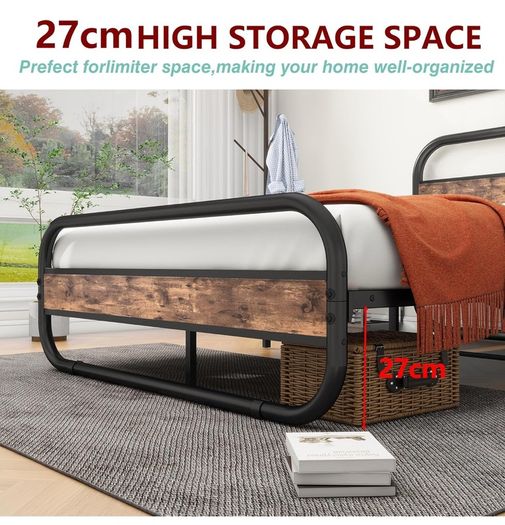 King Size Bed Metal Platform Bed Frame with Wood Headboard