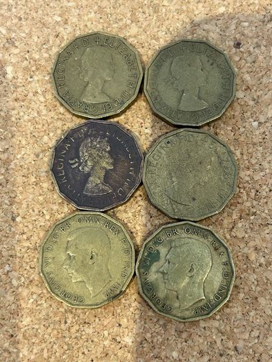 British threepence coins x 6 (threepenny bit)